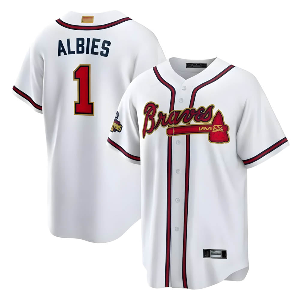 harde A.Braves #1 Ozzie Albies Player White World Series Gold Program Stitched Jerseys