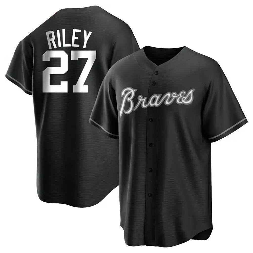 harde A.Braves #27 Austin Riley Player Black&White Replica Stitched Jerseys