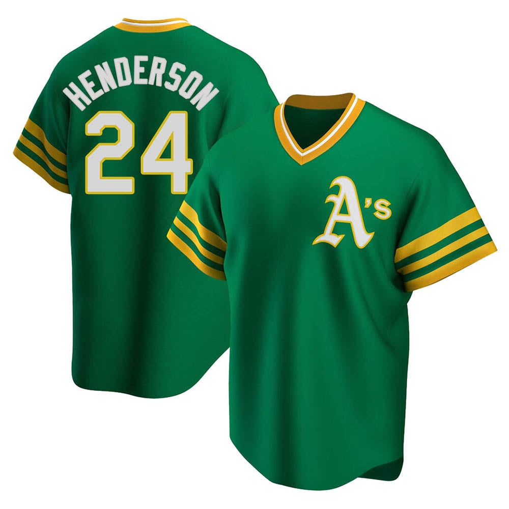 harde Athletics #24 Rickey Henderson Player Green Replica Cooperstown Collection T shirt Stitched Jersey