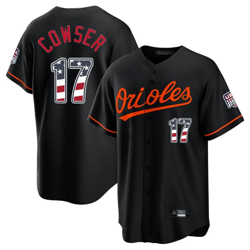 harde B.Orioles #17 Colton Cowser Player Black USA 250 Fourth of July Home Game Stitched Jerseys