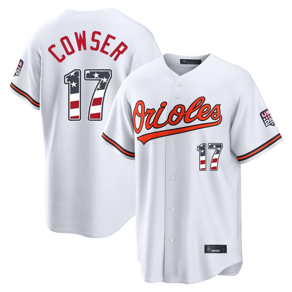 harde B.Orioles #17 Colton Cowser Player White USA 250 Fourth of July Home Game Stitched Jerseys