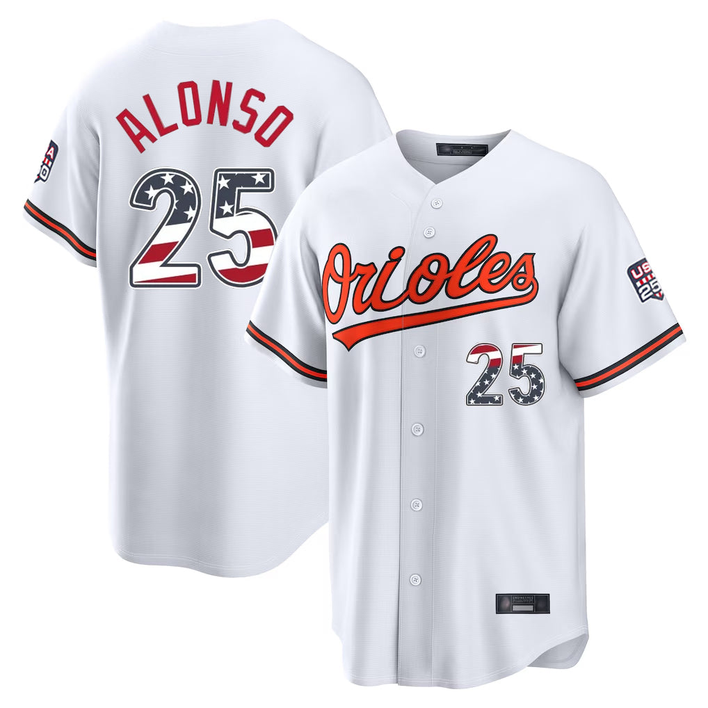 harde B.Orioles #25 Pete Alonso Player White USA 250 Fourth of July Home Game Stitched Jerseys