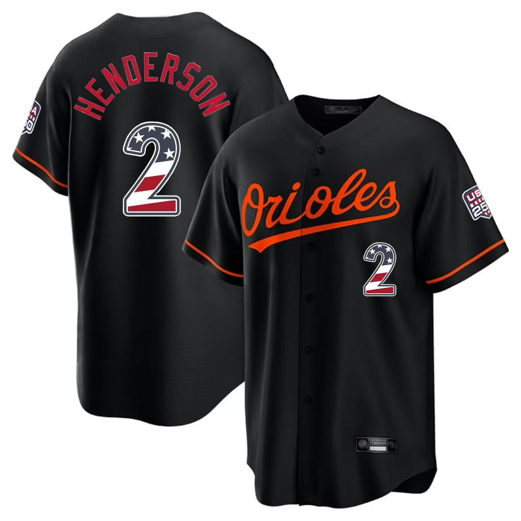 harde B.Orioles #2 Gunnar Henderson Player Black USA 250 Fourth of July Home Game Stitched Jerseys