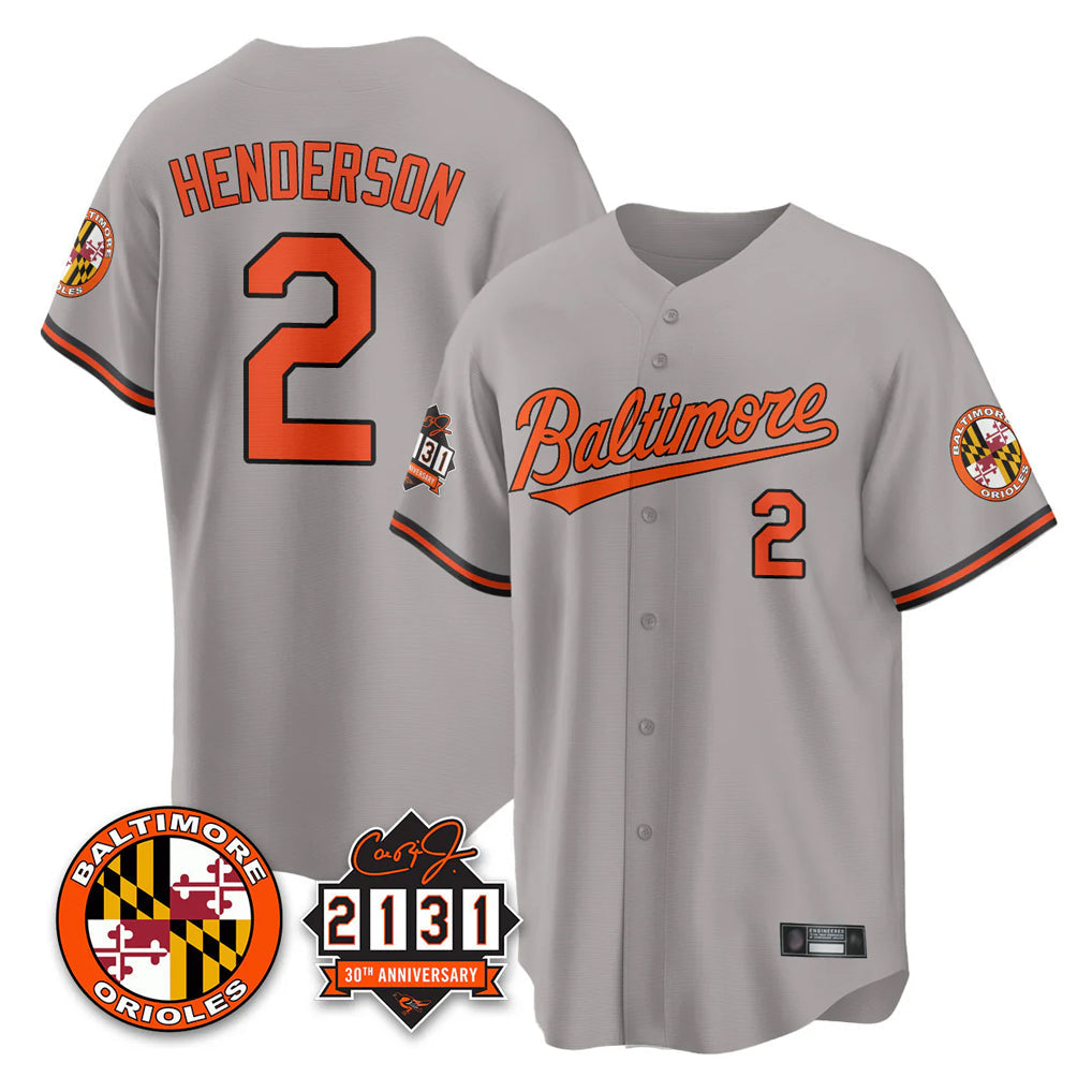 harde B.Orioles #2 Gunnar Henderson Player Gray 30th Anniversary of 2131 Home Game Stitched Jerseys