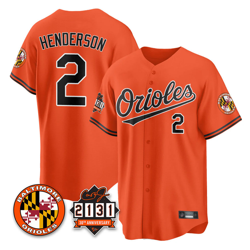 harde B.Orioles #2 Gunnar Henderson Player Orange 30th Anniversary of 2131 Home Game Stitched Jerseys