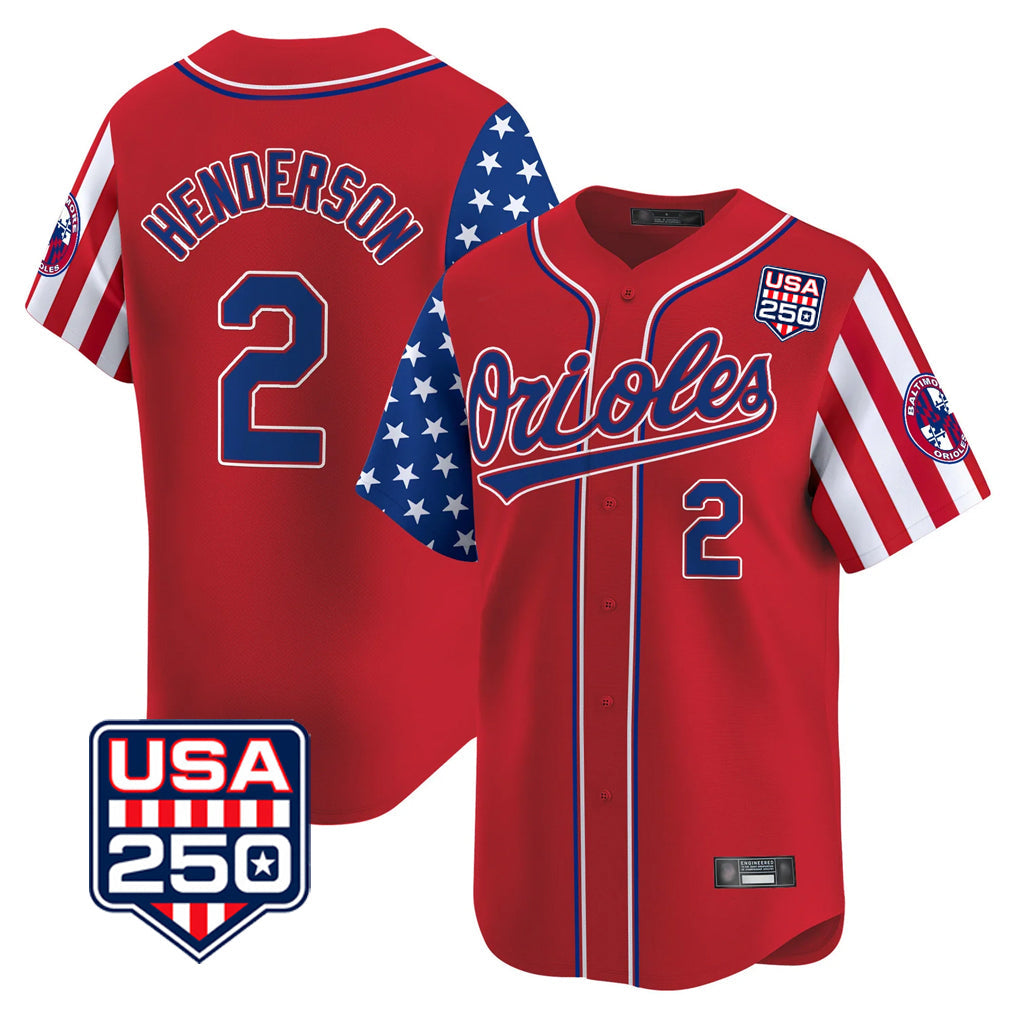 harde B.Orioles #2 Gunnar Henderson Player Red USA 250 Independence Day Vapor Premier Limited Home Game Stitched Jerseys