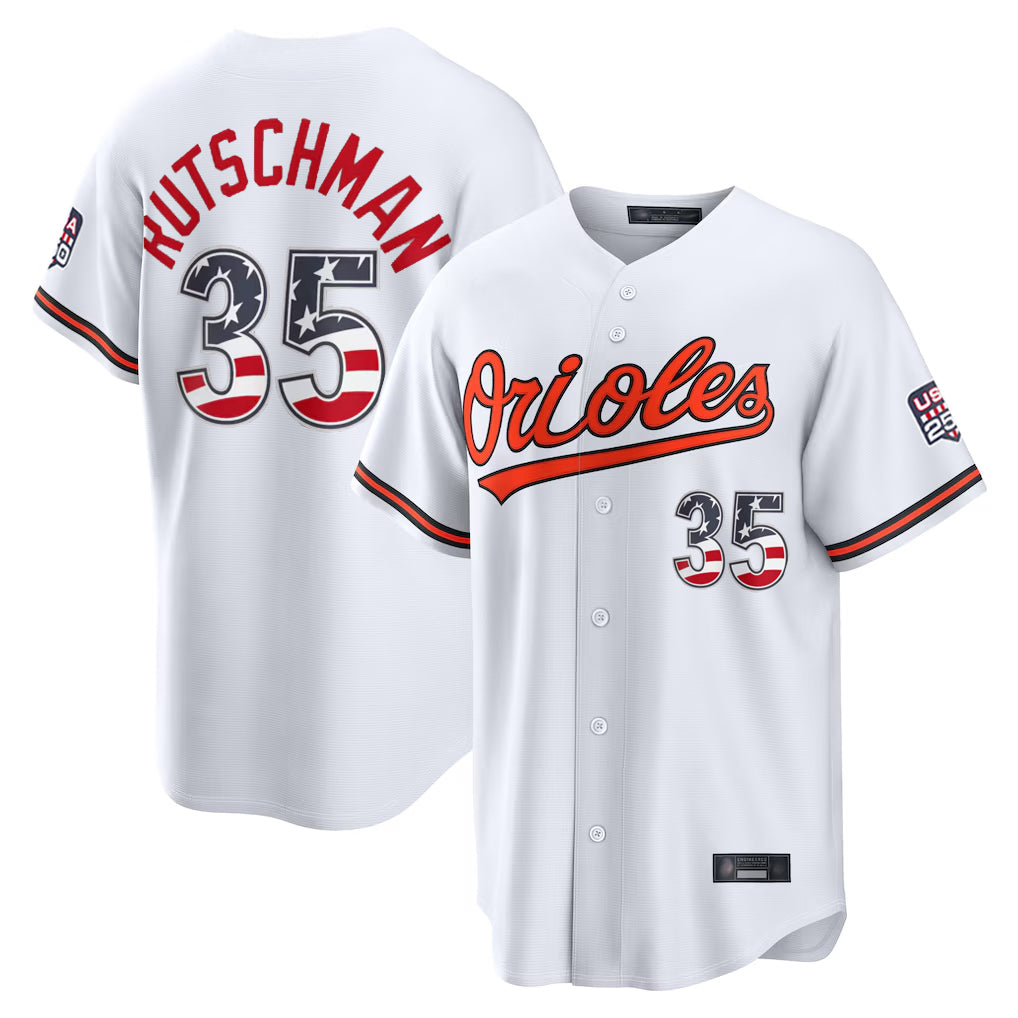 harde B.Orioles #35 Adley Rutschman White USA 250 Fourth of July Home Game Stitched Jerseys
