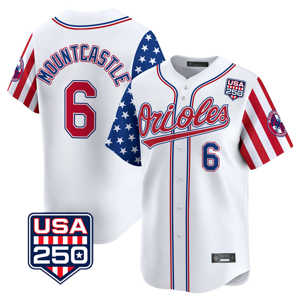 harde B.Orioles #6 Ryan Mountcastle Player White USA 250 Independence Day Vapor Premier Home Game Stitched Jerseys