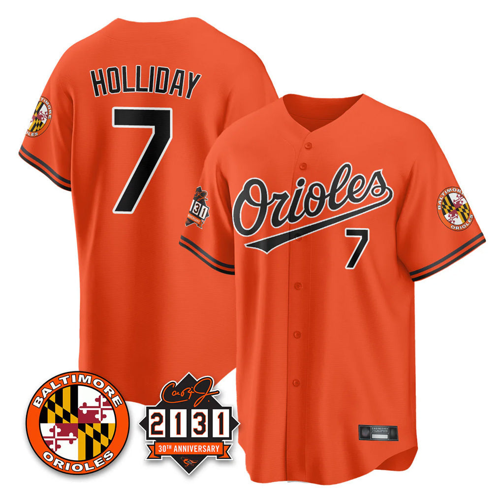 harde B.Orioles #7 Jackson Holliday Player Orange 30th Anniversary of 2131 Home Game Stitched Jerseys