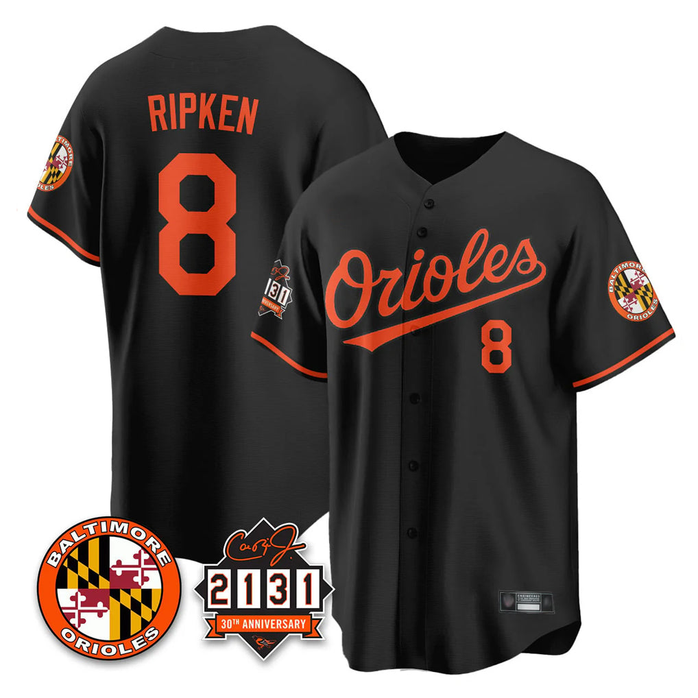 harde B.Orioles #8 Cal Ripken Player Black 30th Anniversary of 2131 Home Game Stitched Jerseys