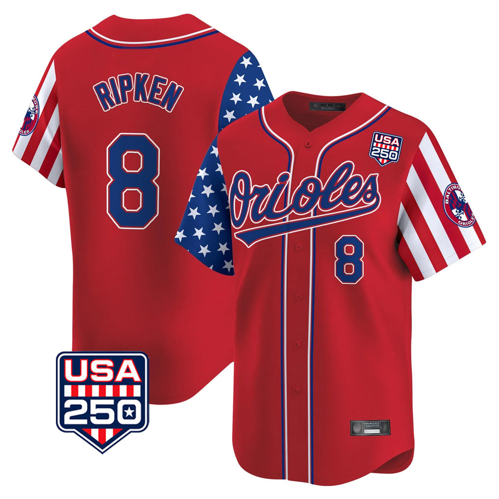harde B.Orioles #8 Cal Ripken Player Red USA 250 Independence Day Vapor Premier Limited Home Game Stitched Jerseys