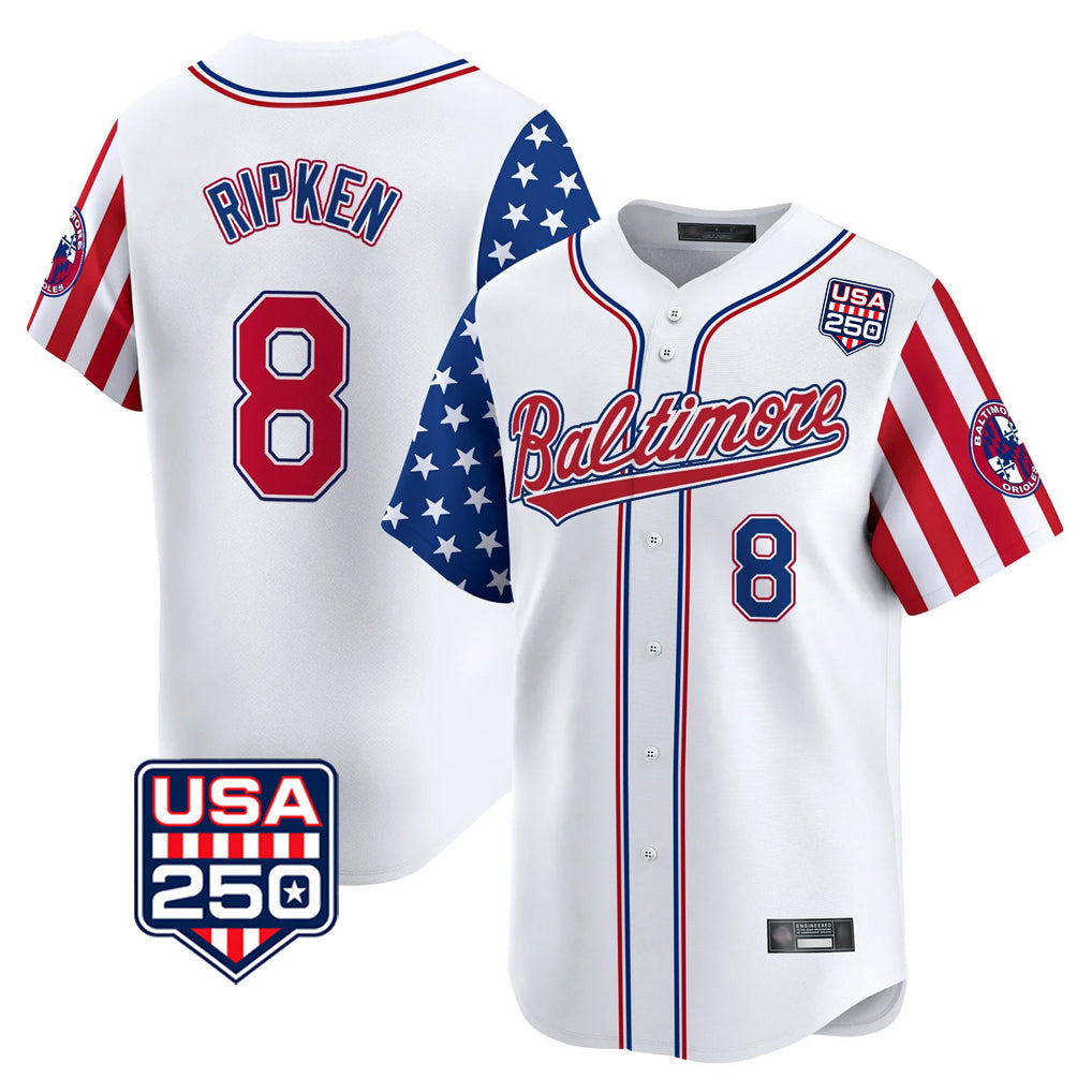 harde B.Orioles #8 Cal Ripken Player White USA 250 Independence Day Vapor Premier Limited Home Game Stitched Jerseys
