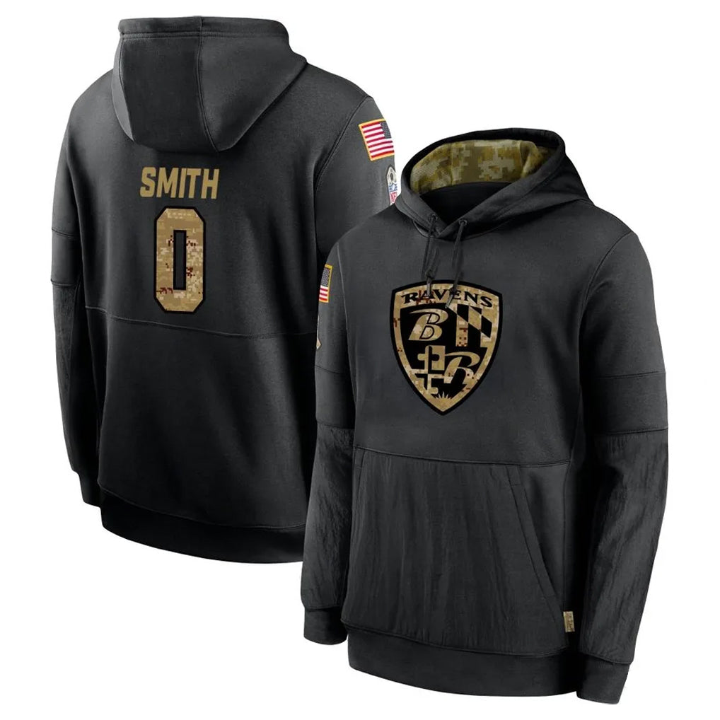 harde B.Ravens #0 Roquan Smith Player Black Salute to Service Pullover Hoodie Stitched Jerseys