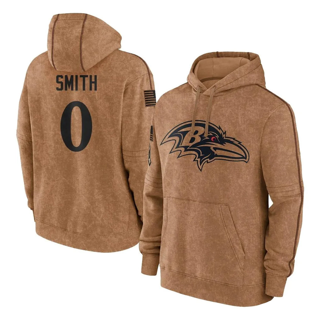 harde B.Ravens #0 Roquan Smith Player Brown Salute to Service Pullover Hoodie Stitched Jerseys