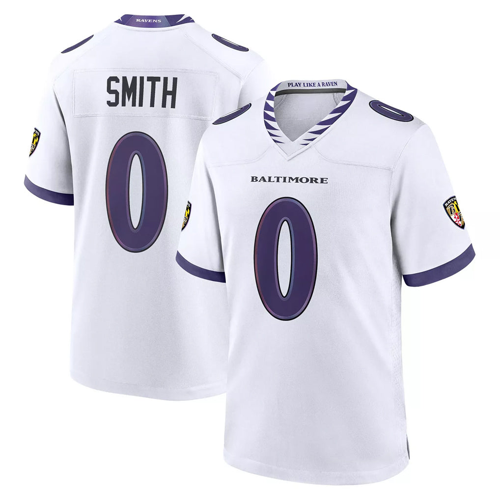 harde B.Ravens #0 Roquan Smith Player White Purple Home Game Stitched Jerseys