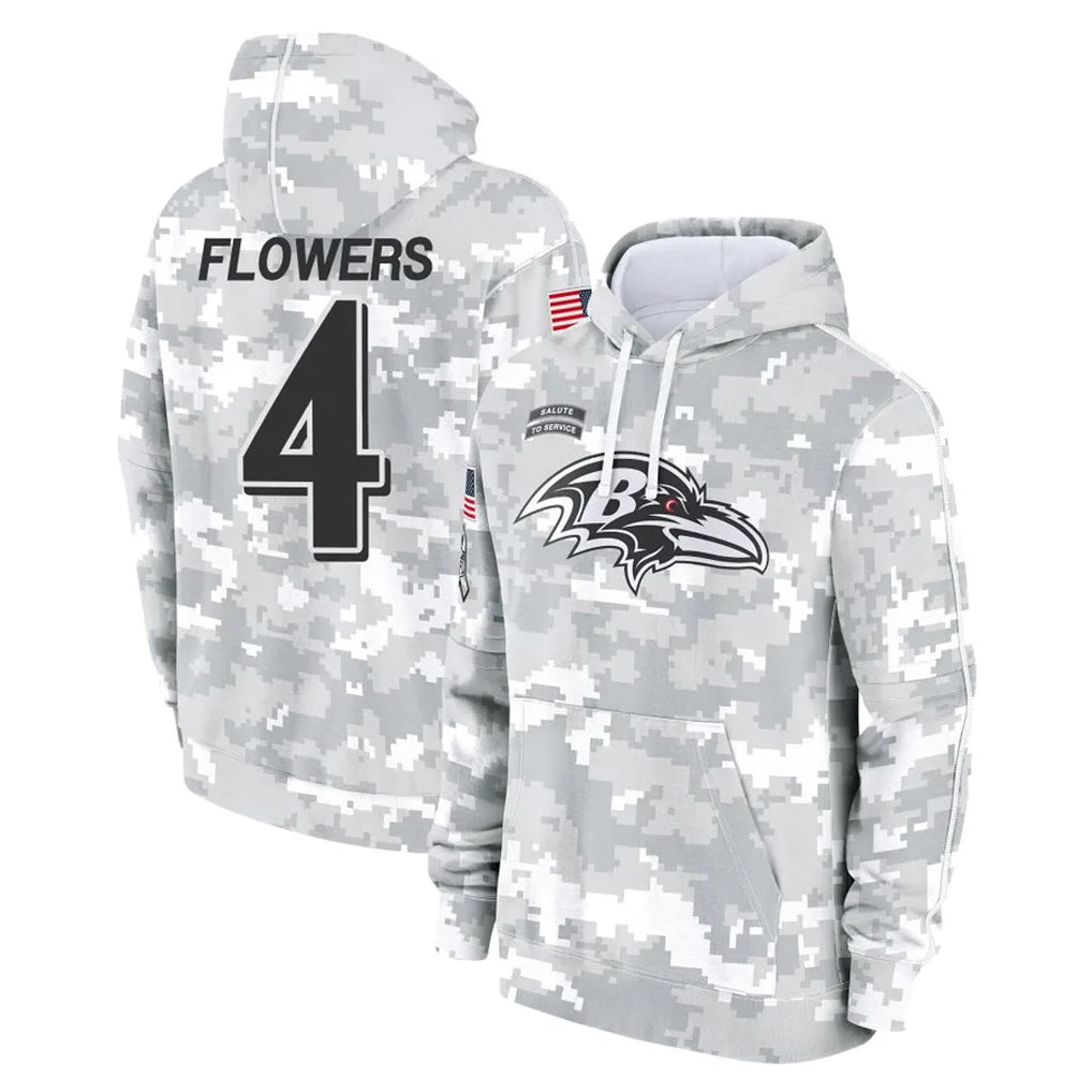 harde B.Ravens #4 Zay Flowers Player Arctic Camo Salute to Service Pullover Hoodie Stitched Jerseys