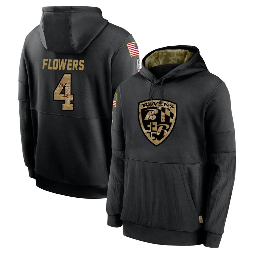 harde B.Ravens #4 Zay Flowers Player Black Salute to Service Pullover Hoodie Stitched Jerseys