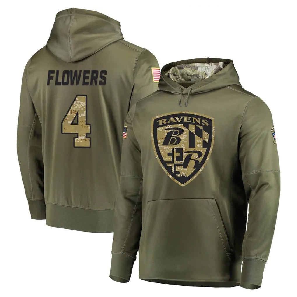 harde B.Ravens #4 Zay Flowers Player Olive Salute to Service Pullover Hoodie Stitched Jerseys