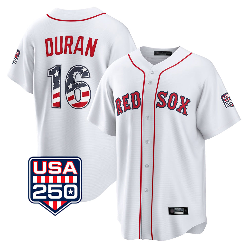 harde B.Red Sox #16 Jarren Duran Player White USA 250 Fourth of July Home Game Stitched Jerseys