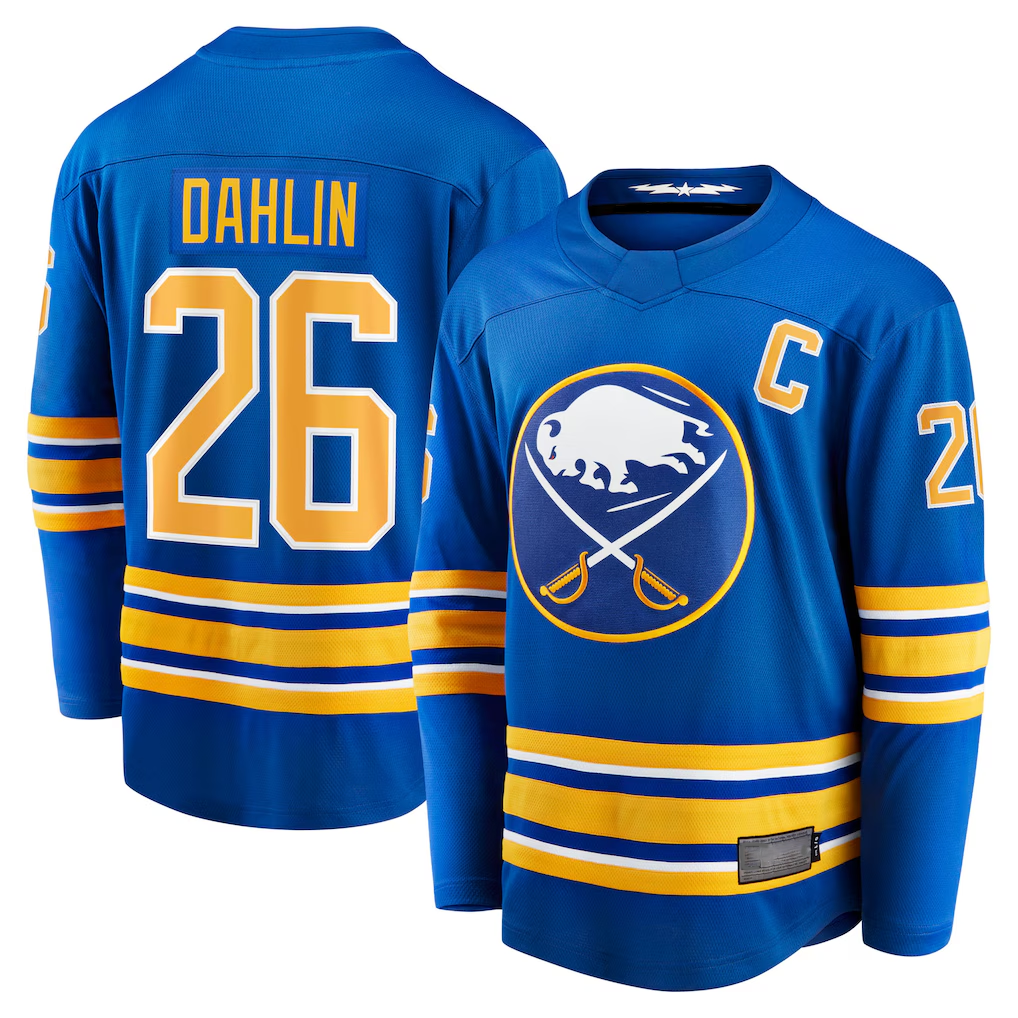 harde B.Sabres #26 Rasmus Dahlin Royal Home Captain Patch Breakaway Stitched Jerseys