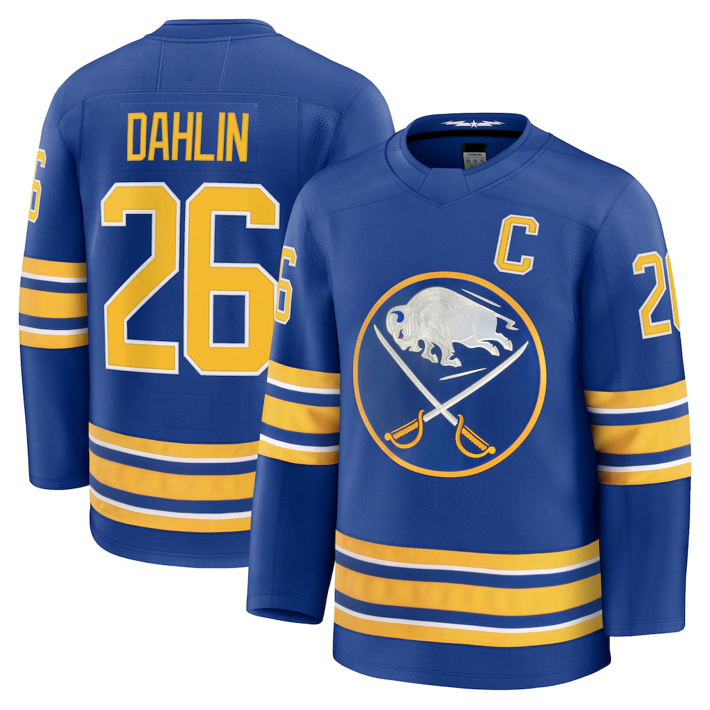 harde B.Sabres #26 Rasmus Dahlin Royal Premium with Captain's Patch Stitched Jerseys