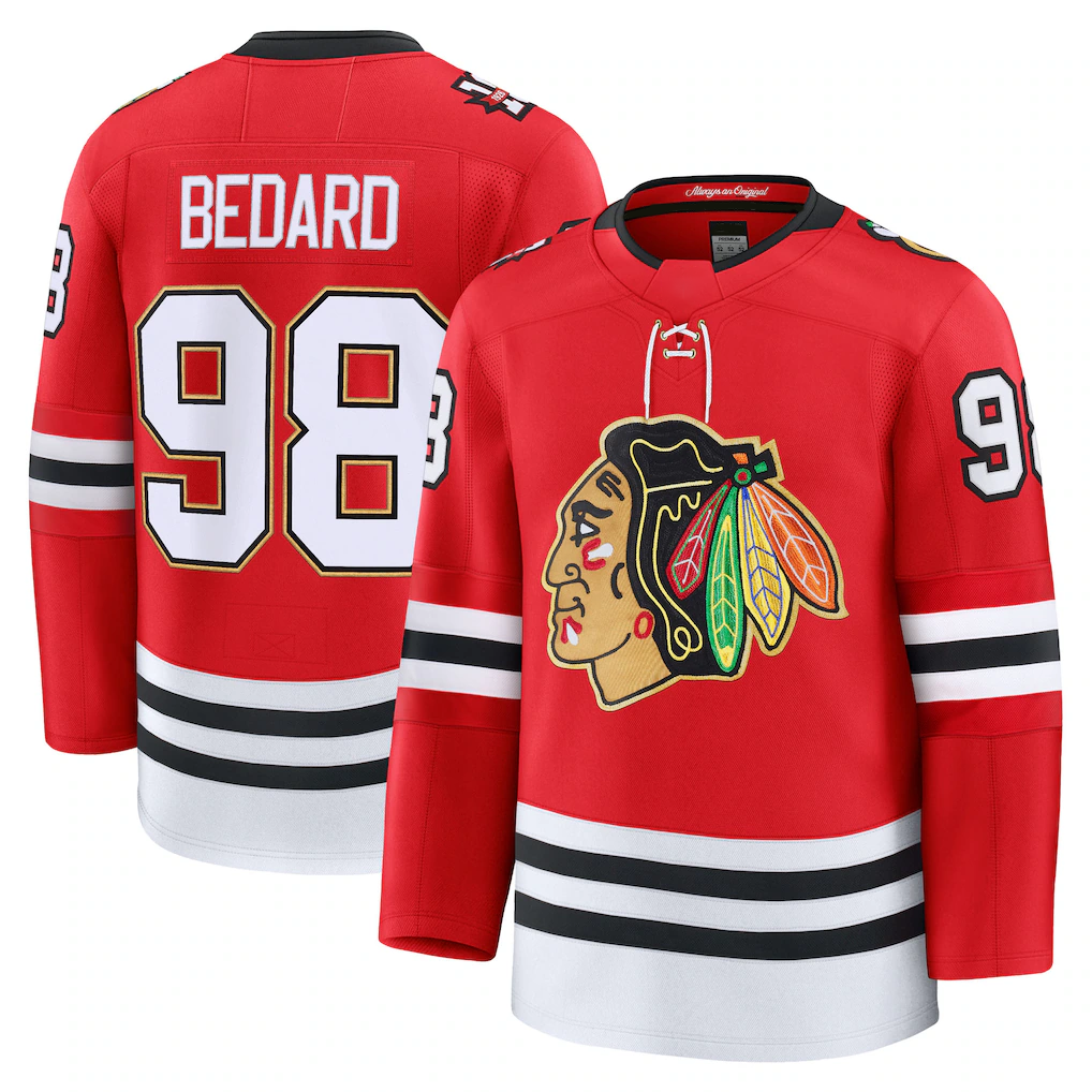 harde C.Blackhawks #98 Connor Bedard Red Centennial Premium Player Jerseys
