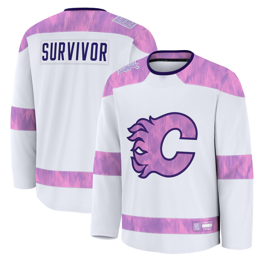 harde C.Flames White Hockey Fights Cancer Survivor Practice Jerseys
