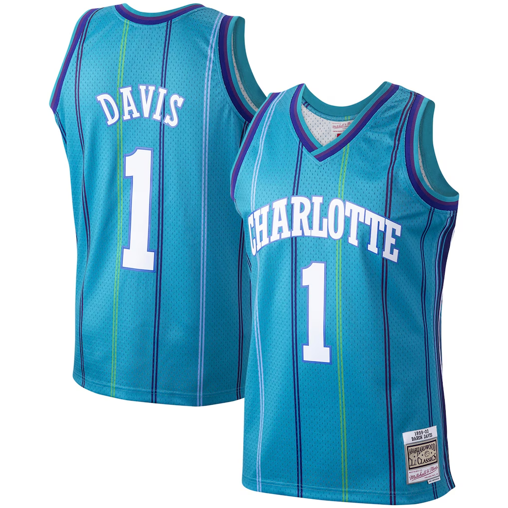 harde C.Hornets #1 Baron Davis Mitchell & Ness Teal 199900 Hardwood Classics Swingman Jerseys