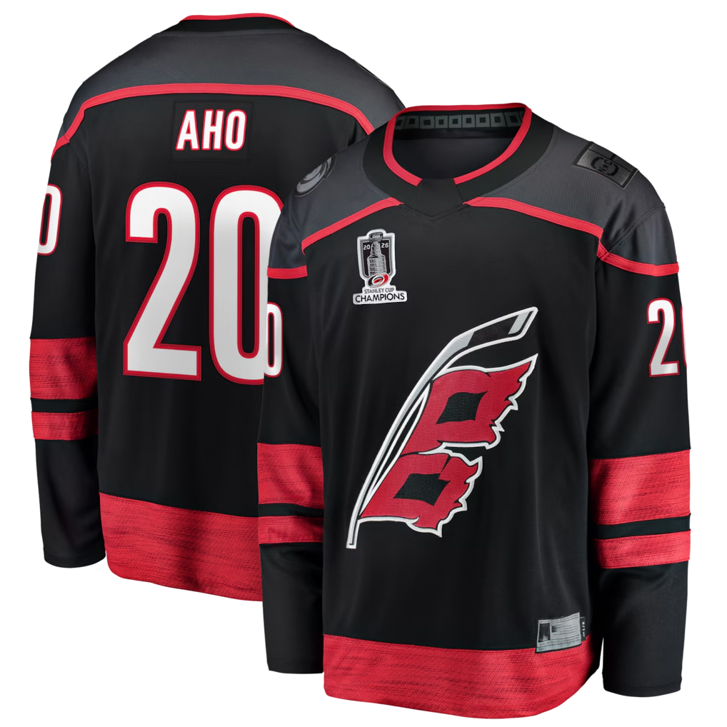 harde C.Hurricanes #20 Sebastian Aho Black 2026 Stanley Cup Champions Home Breakaway Stitched Jerseys