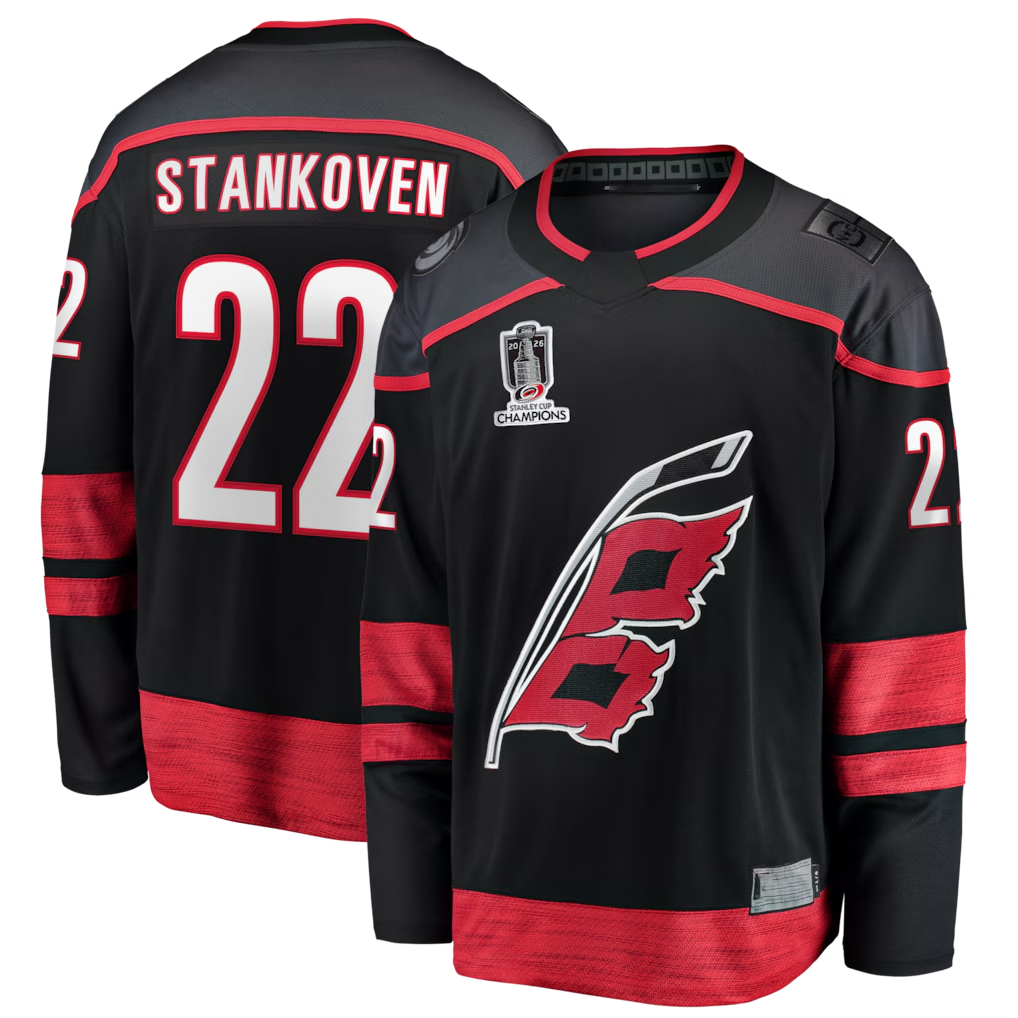 harde C.Hurricanes #22 Logan Stankoven Black 2026 Stanley Cup Champions Home Breakaway Stitched Jerseys