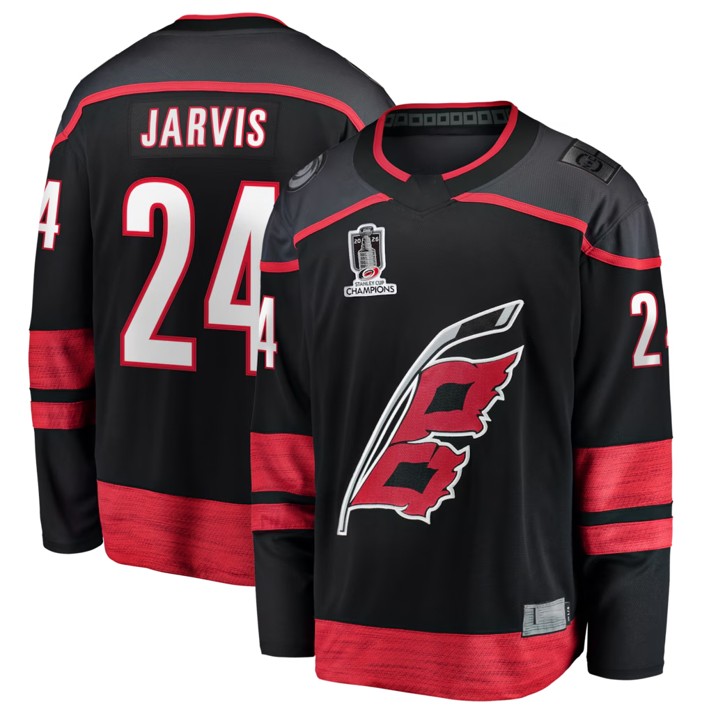 harde C.Hurricanes #24 Seth Jarvis Black 2026 Stanley Cup Champions Home Breakaway Stitched Jerseys