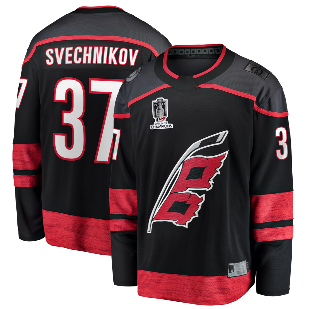 harde C.Hurricanes #37 Andrei Svechnikov Black 2026 Stanley Cup Champions Home Breakaway Stitched Jerseys
