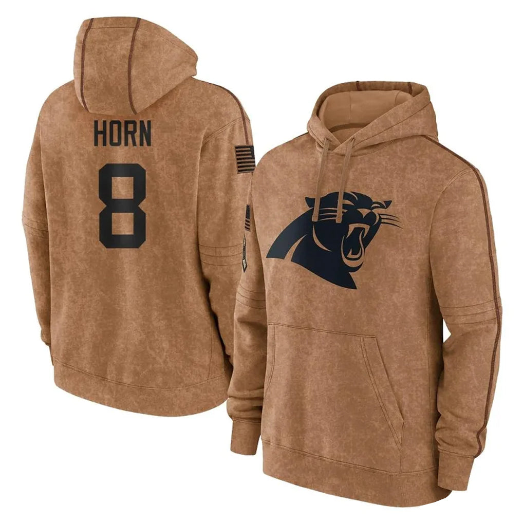 harde C.Panthers #8 Jaycee Horn Player Brown Salute to Service Hoodies Limited Stitched Jerseys