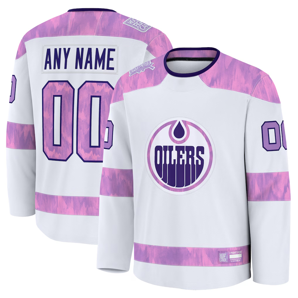 harde Custom E.Oilers White 2024 Hockey Fights Cancer Practice Jerseys