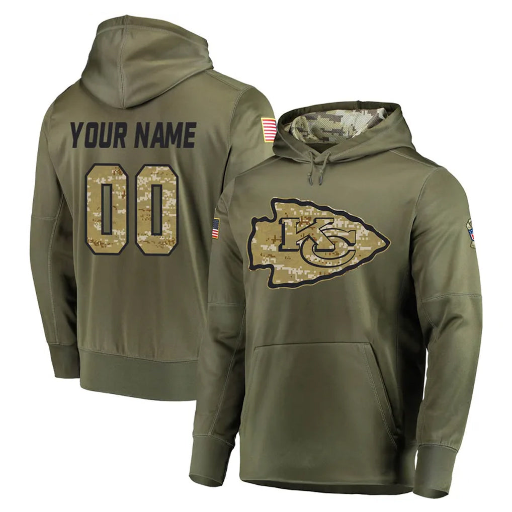 harde Custom KC.Chiefs Olive Salute to Service Pullover Hoodies Home Game Any Name & Numbers Stitched Jerseys