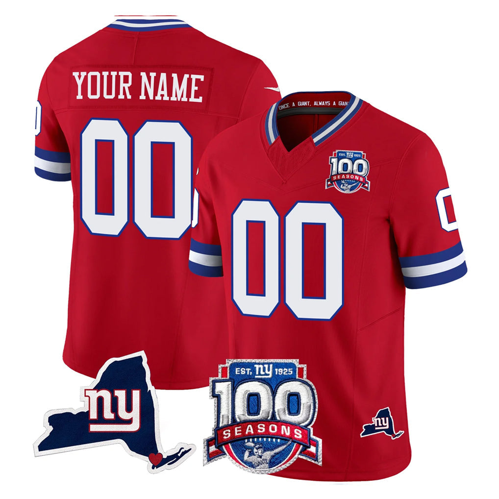 harde Custom NY.Giants Red 100th Season & State Patch Vapor Limited Home Game Any Name & Numbers Stitched Jerseys