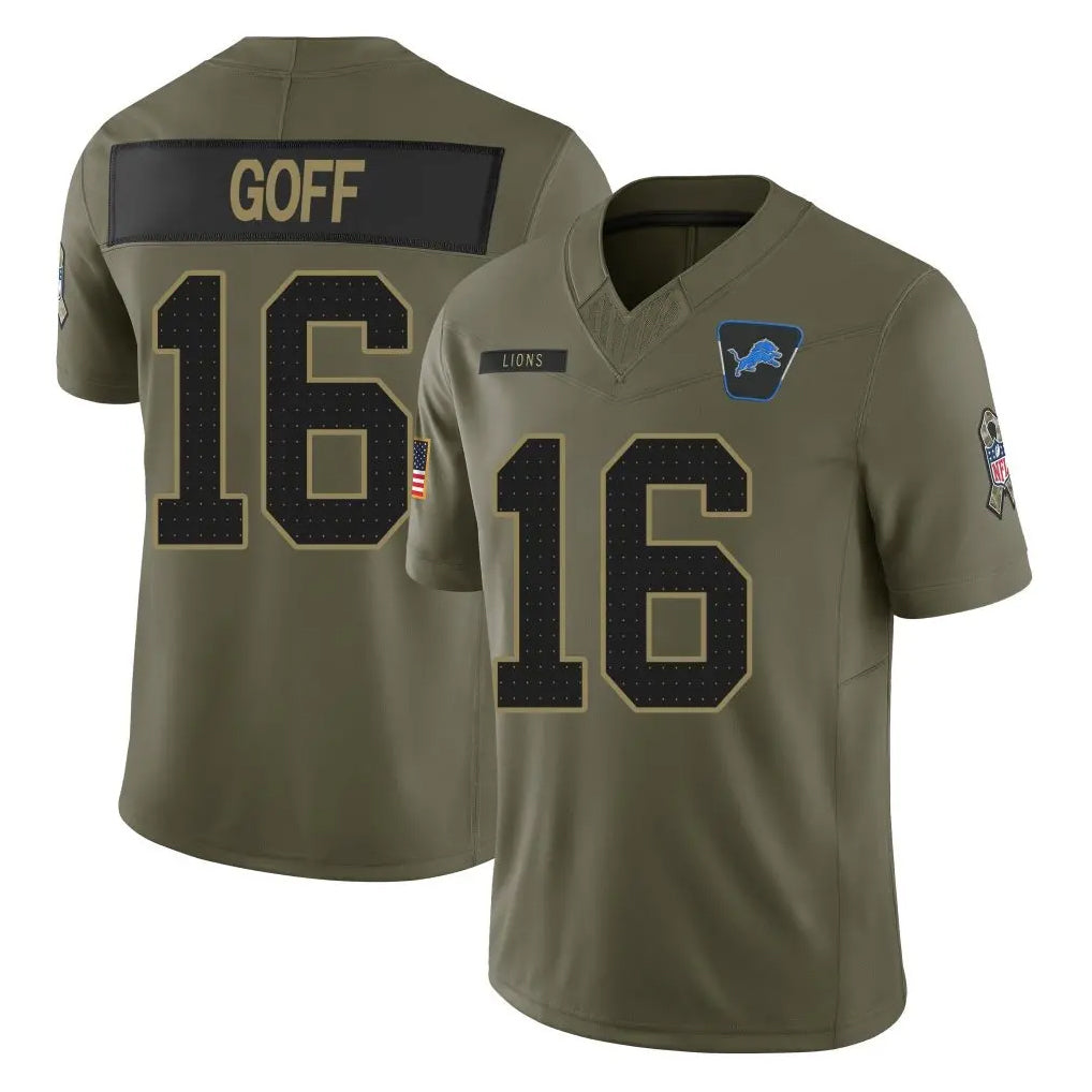 harde D.Lions #16 Jared Goff Player Olive 2025 Salute To Service Limited Home Game Stitched Jerseys