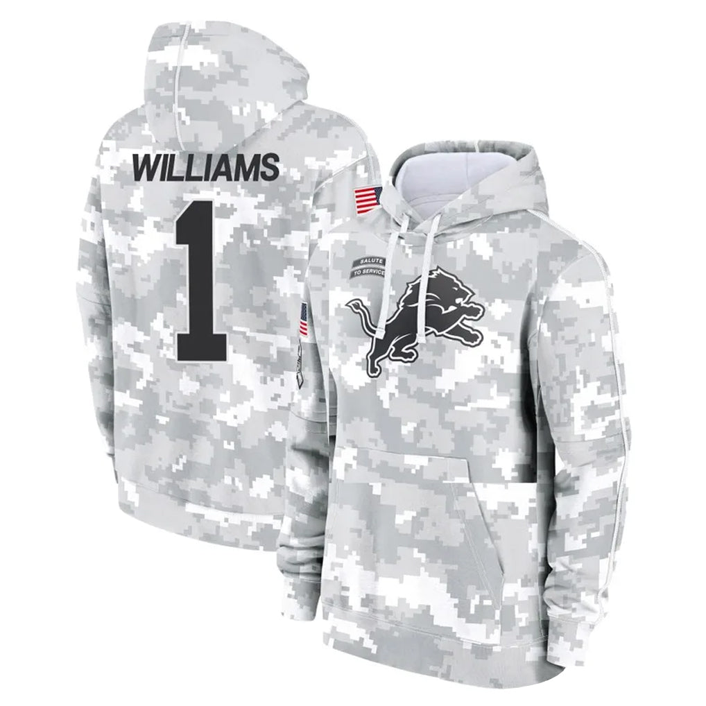 harde D.Lions #1 Jameson Williams Player Arctic Camo Salute to Service Hoodies Limited Game Stitched Jerseys
