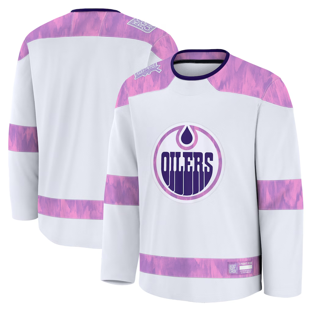 harde E.Oilers White 2024 Hockey Fights Cancer Practice Jerseys