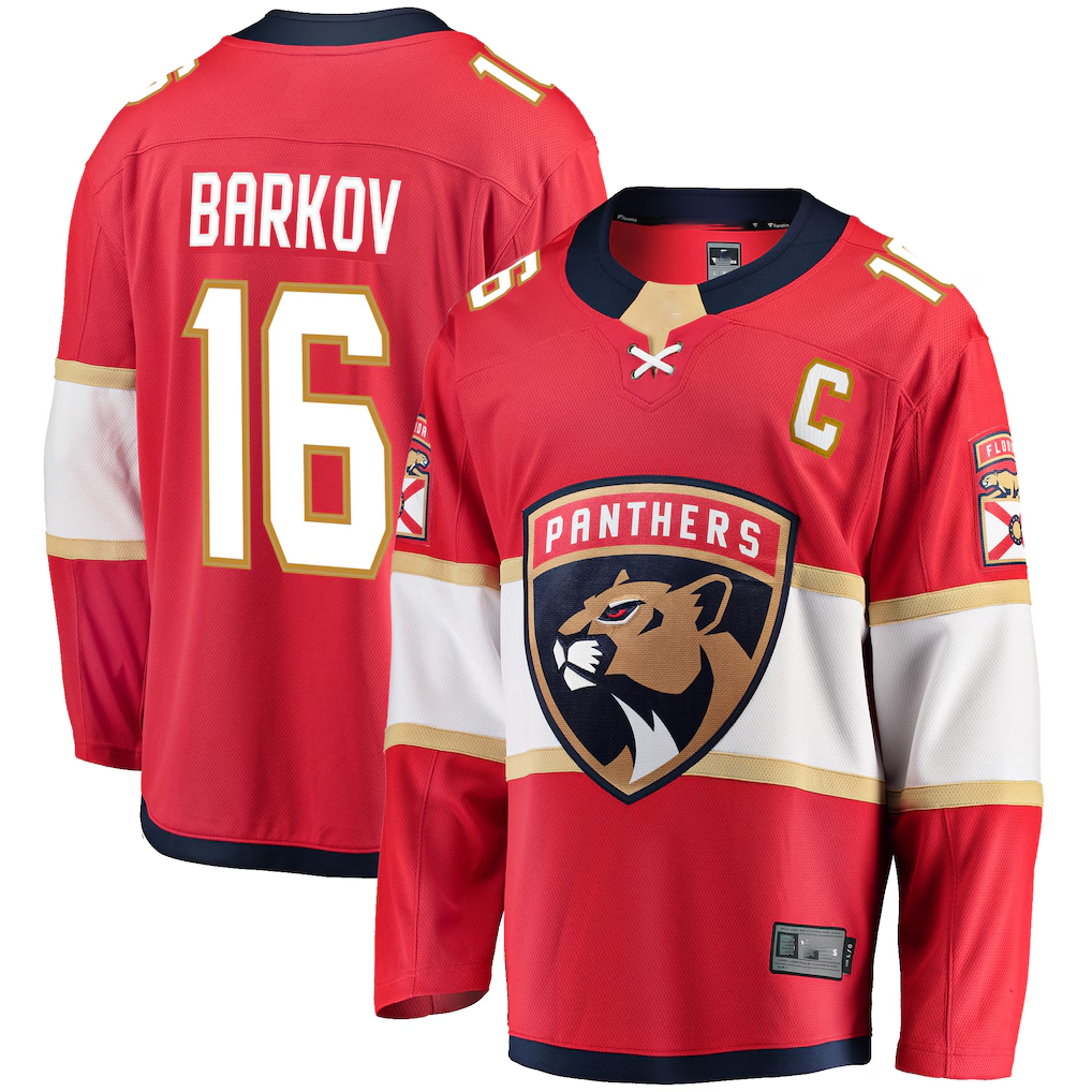 harde F.Panthers #16 Aleksander Barkov Red Captain Patch Home Breakaway Jerseys