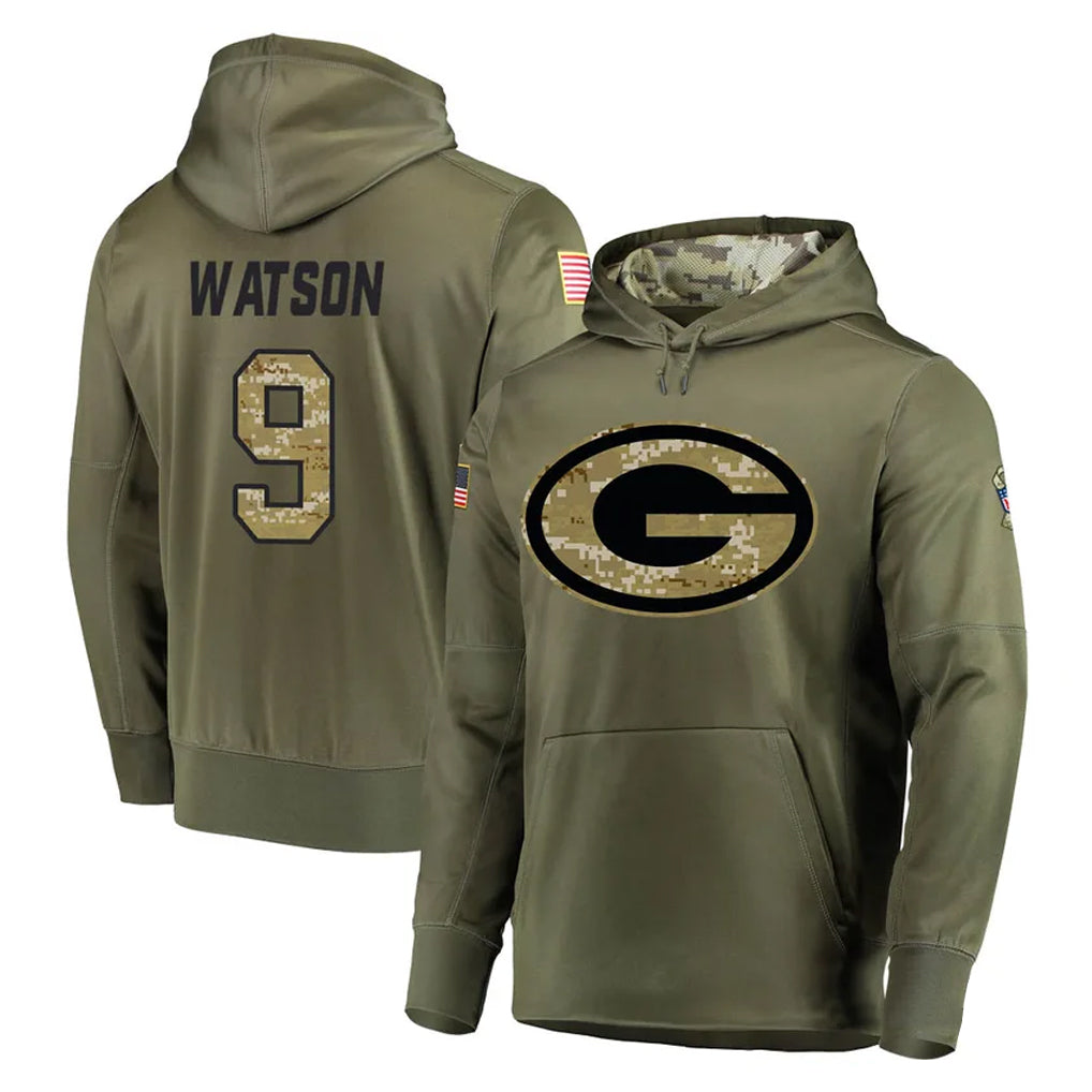 harde GB.Packers #9 Christian Watson Player Olive Salute to Service Pullover Hoodies Home Game Stitched Jerseys