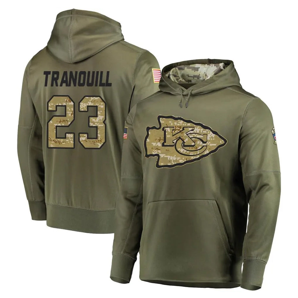 harde KC.Chiefs #23 Drue Tranquill Player Olive Salute to Service Pullover Hoodies Home Game Stitched Jerseys