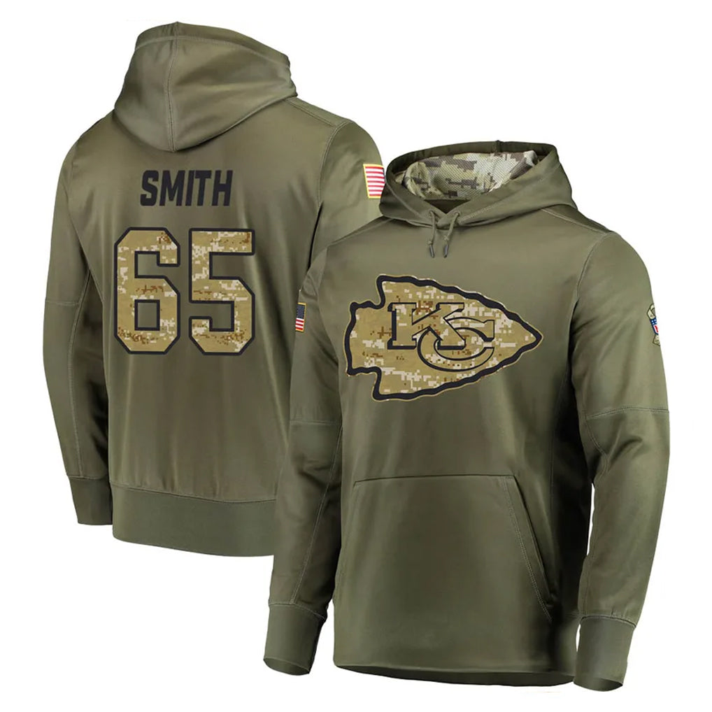 harde KC.Chiefs #65 Trey Smith Player Olive Salute to Service Pullover Hoodies Home Game Stitched Jerseys