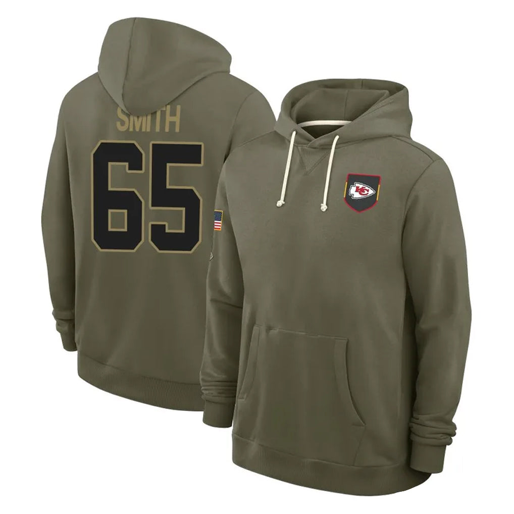 harde KC.Chiefs #65 Trey Smith Player Olive Salute to Service Pullover Hoodies Limited Stitched Jerseys