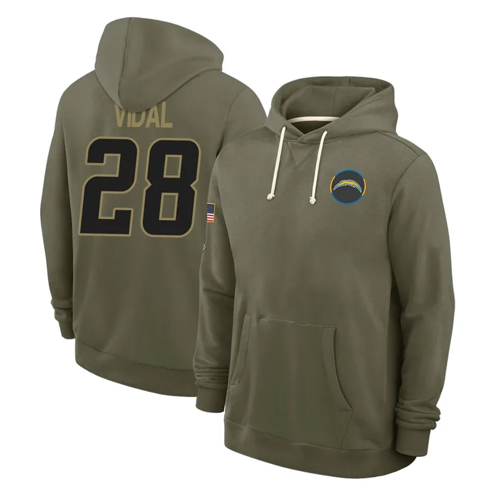 harde LA.Chargers #28 Kimani Vidal Player Olive Salute to Service Pullover Hoodies Limited Stitched Jerseys