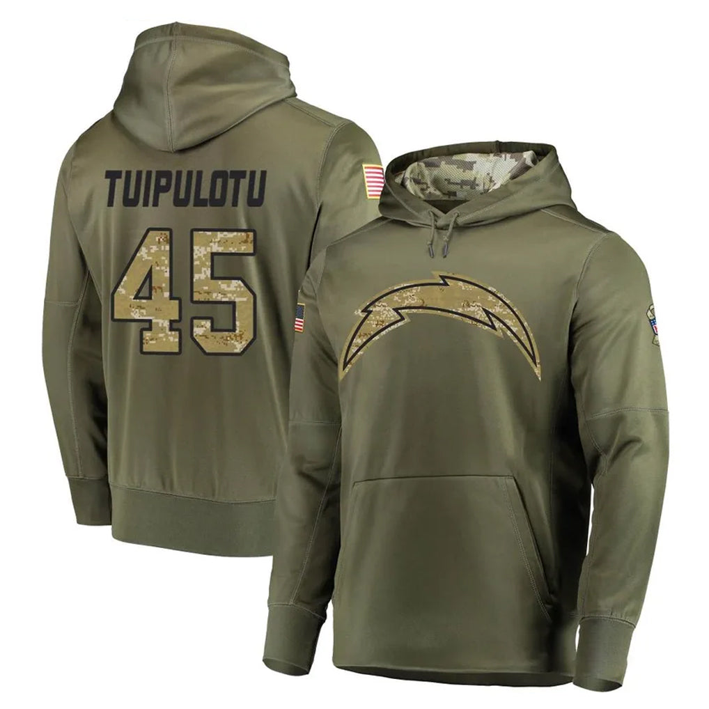 harde LA.Chargers #45 Tuli Tuipulotu Player Olive Salute to Service Pullover Hoodies Home Game Stitched Jerseys