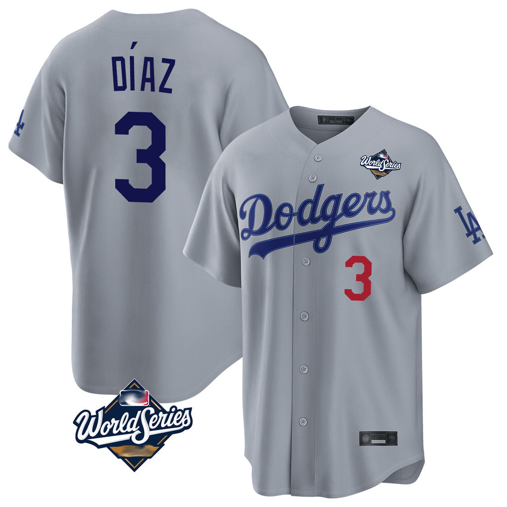 harde LA.Dodgers #3 Edwin D¡§aaz Player Gray World Series Game Home Stitched Jerseys
