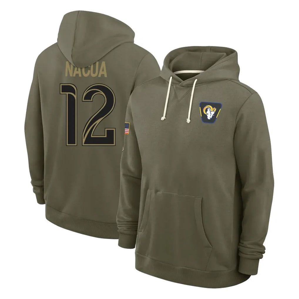 harde LA.Rams #12 Puka Nacua Player Olive Salute to Service Pullover Hoodies Limited Stitched Jerseys