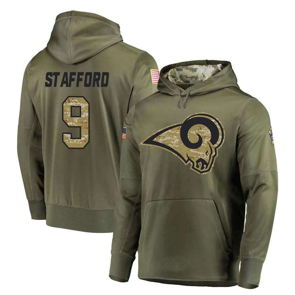 harde LA.Rams #9 Matthew Stafford Player Olive Salute to Service Pullover Hoodies Home Game Stitched Jerseys