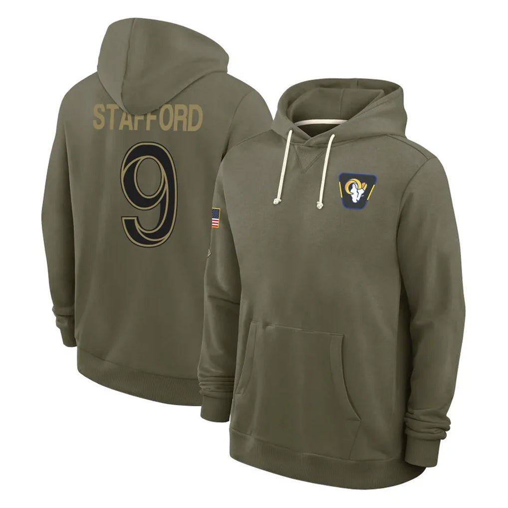 harde LA.Rams #9 Matthew Stafford Player Olive Salute to Service Pullover Hoodies Limited Stitched Jerseys